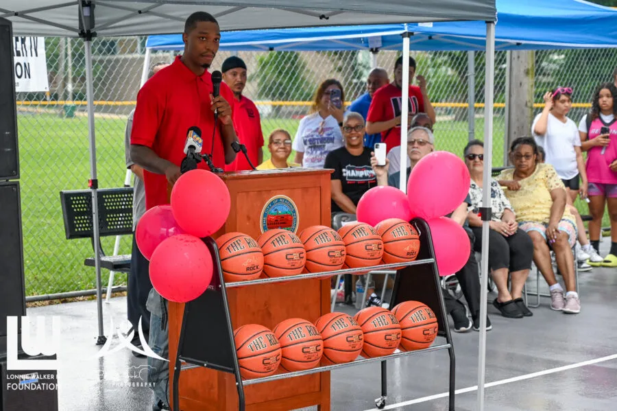 Basketballs and balloons at the Baer Park court dedication ceremony