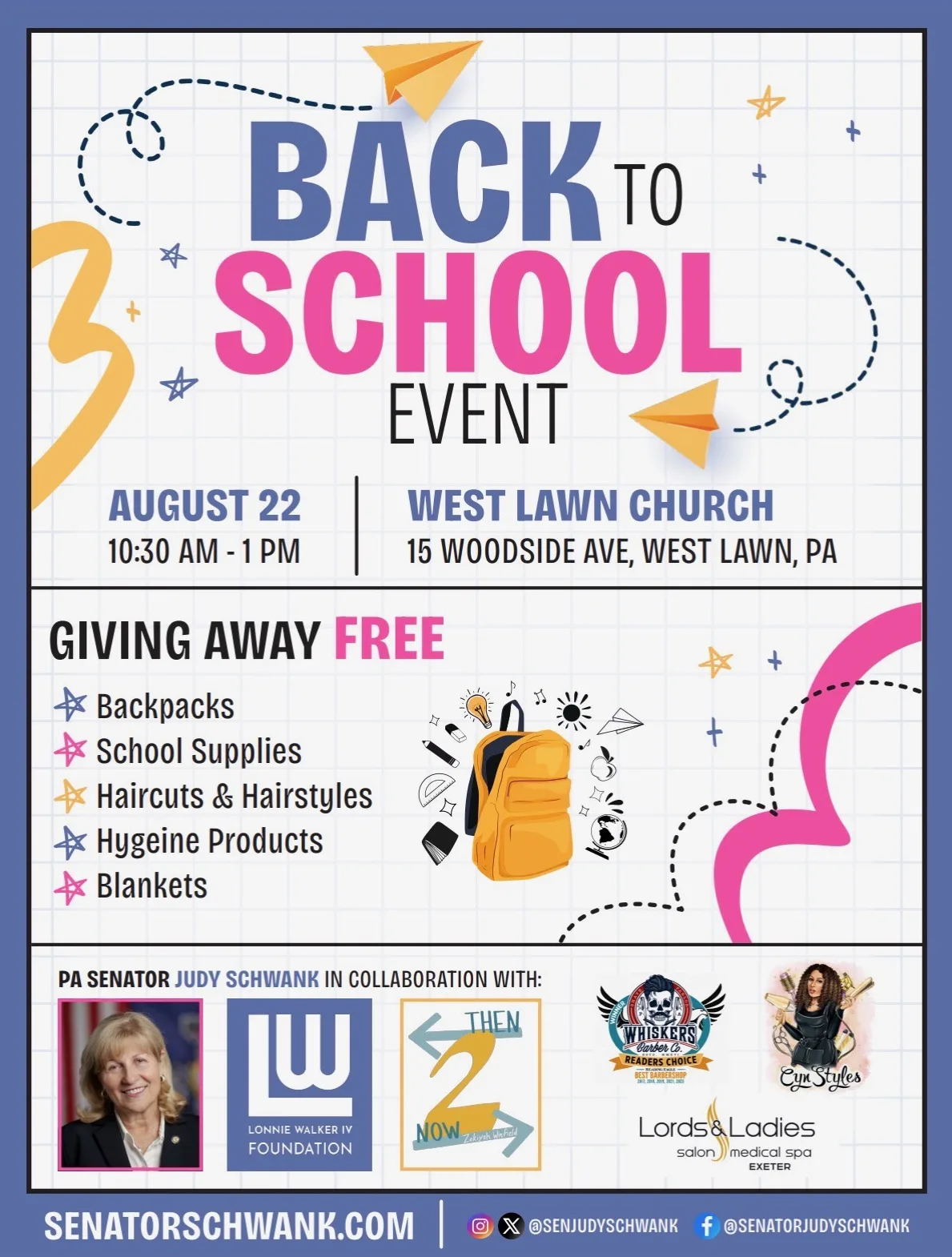 Back to School Event, Saturday August 22, 10:30am to 1pm, West Lawn Church, 15 Woodside Ave, West Lawn PA. Giving away free backpacks, school supplies, haircuts and hairstyles, hygiene products and blankets.